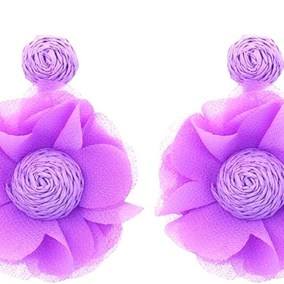 Purple Raffia Flower Drop Earrings - Picture 1 of 1